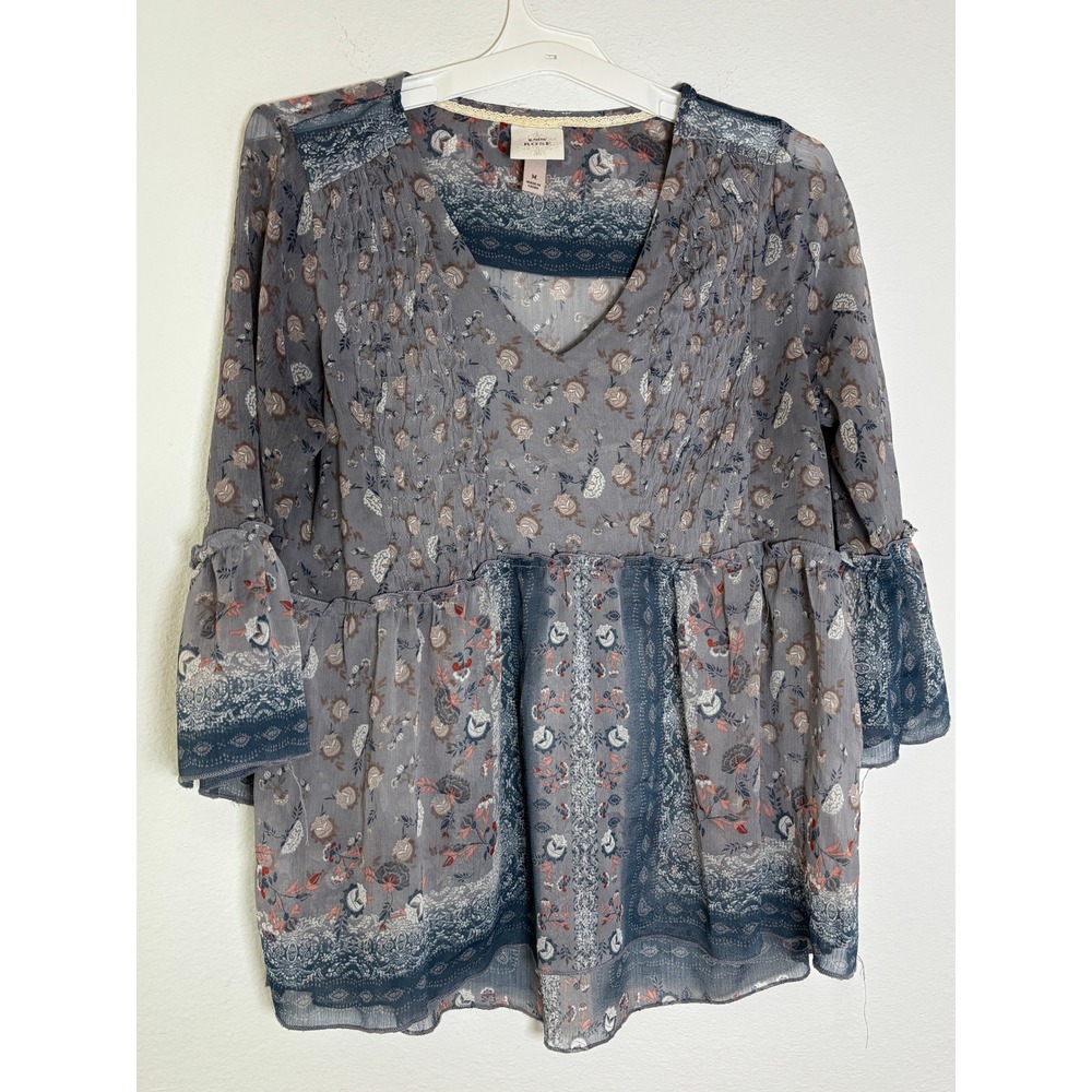 Knox Rose Boho Floral Peasant Top Blue Grey Pintuck Peplum Bell Sleeve Medium